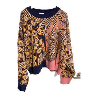 Farm Rio XL Eclectic Boho Tropical Kaleidoscope Jacquard Knit Oversized Sweater
